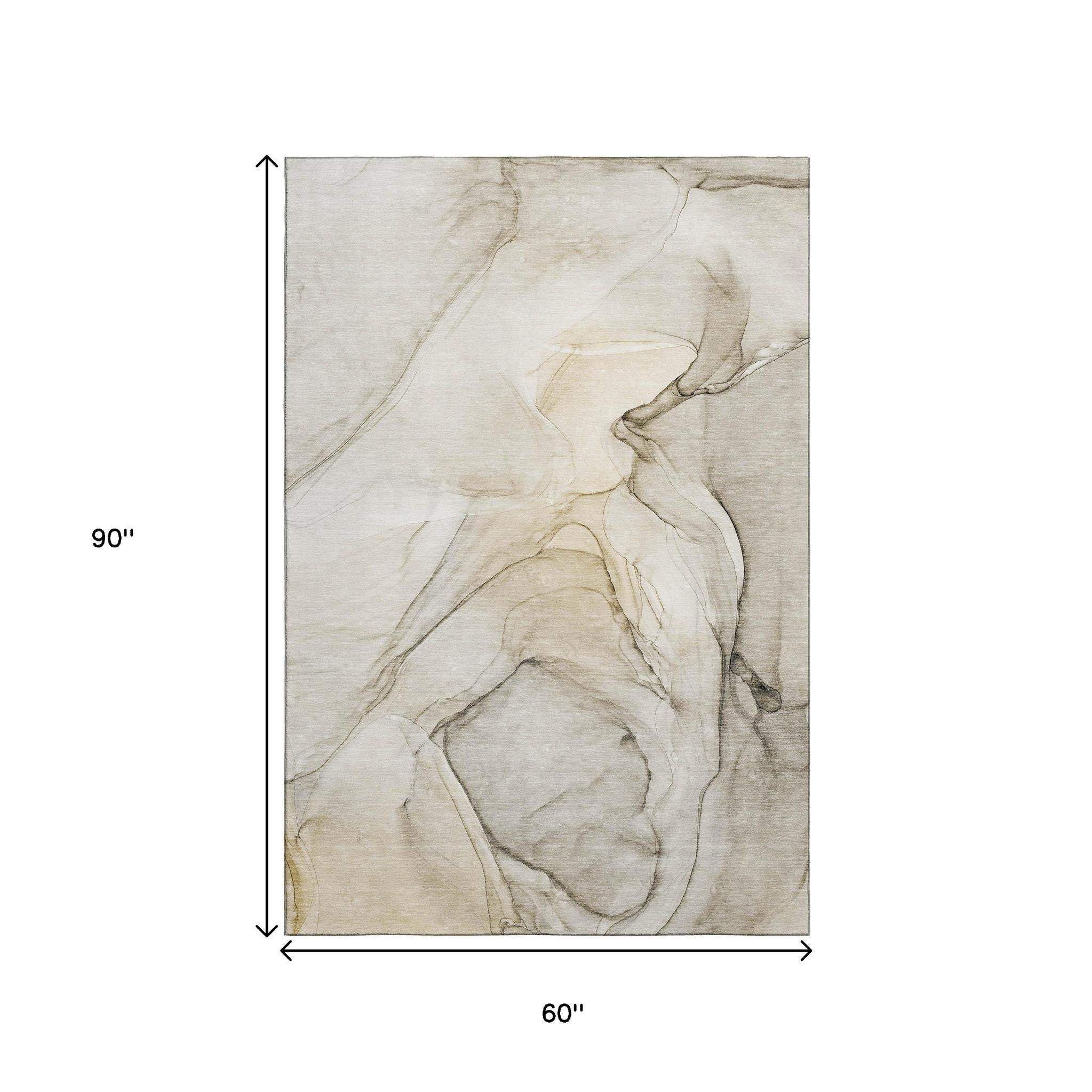 5' X 8' Beige And Ivory Abstract Washable Area Rug With UV Protection - HomeRoots - Flyclothing LLC