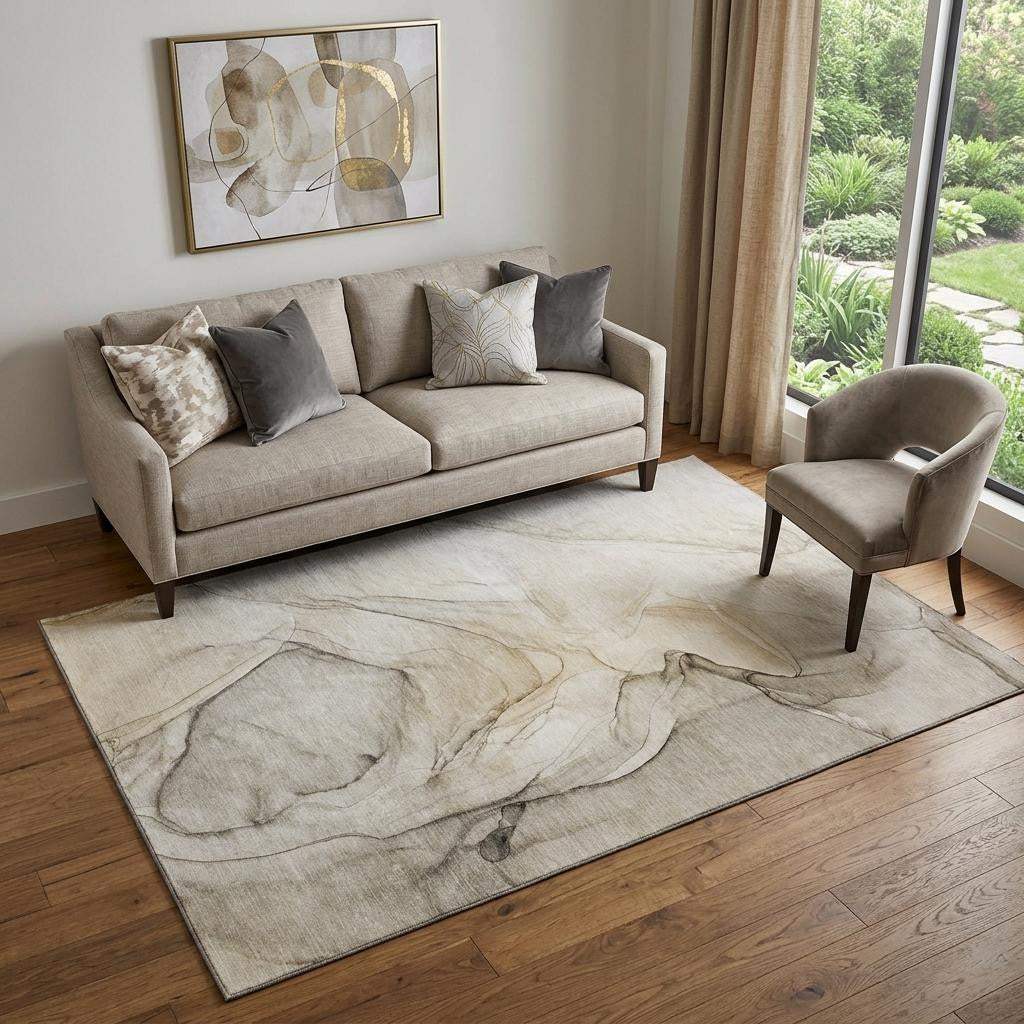 5' X 8' Beige And Ivory Abstract Washable Area Rug With UV Protection - HomeRoots - Flyclothing LLC
