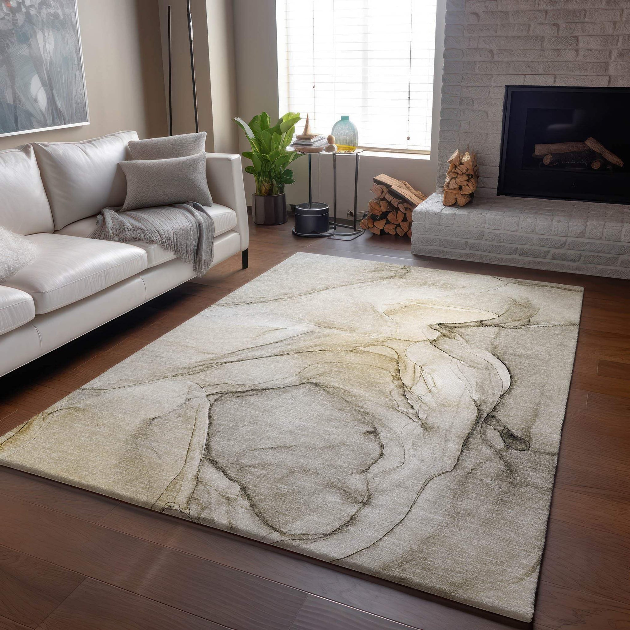 5' X 8' Beige And Ivory Abstract Washable Area Rug With UV Protection - HomeRoots - Flyclothing LLC