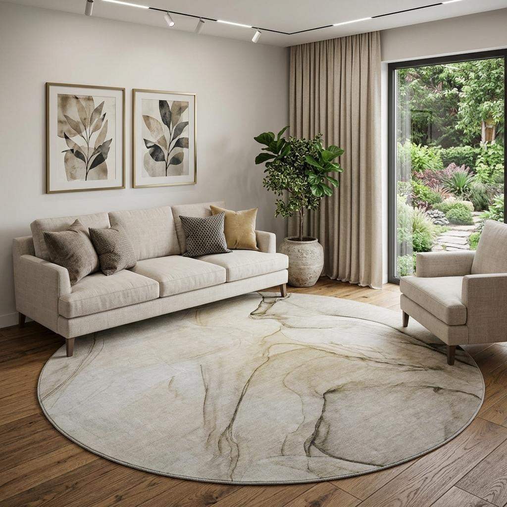 8' Beige And Ivory Abstract Washable Round Rug With UV Protection - HomeRoots - Flyclothing LLC