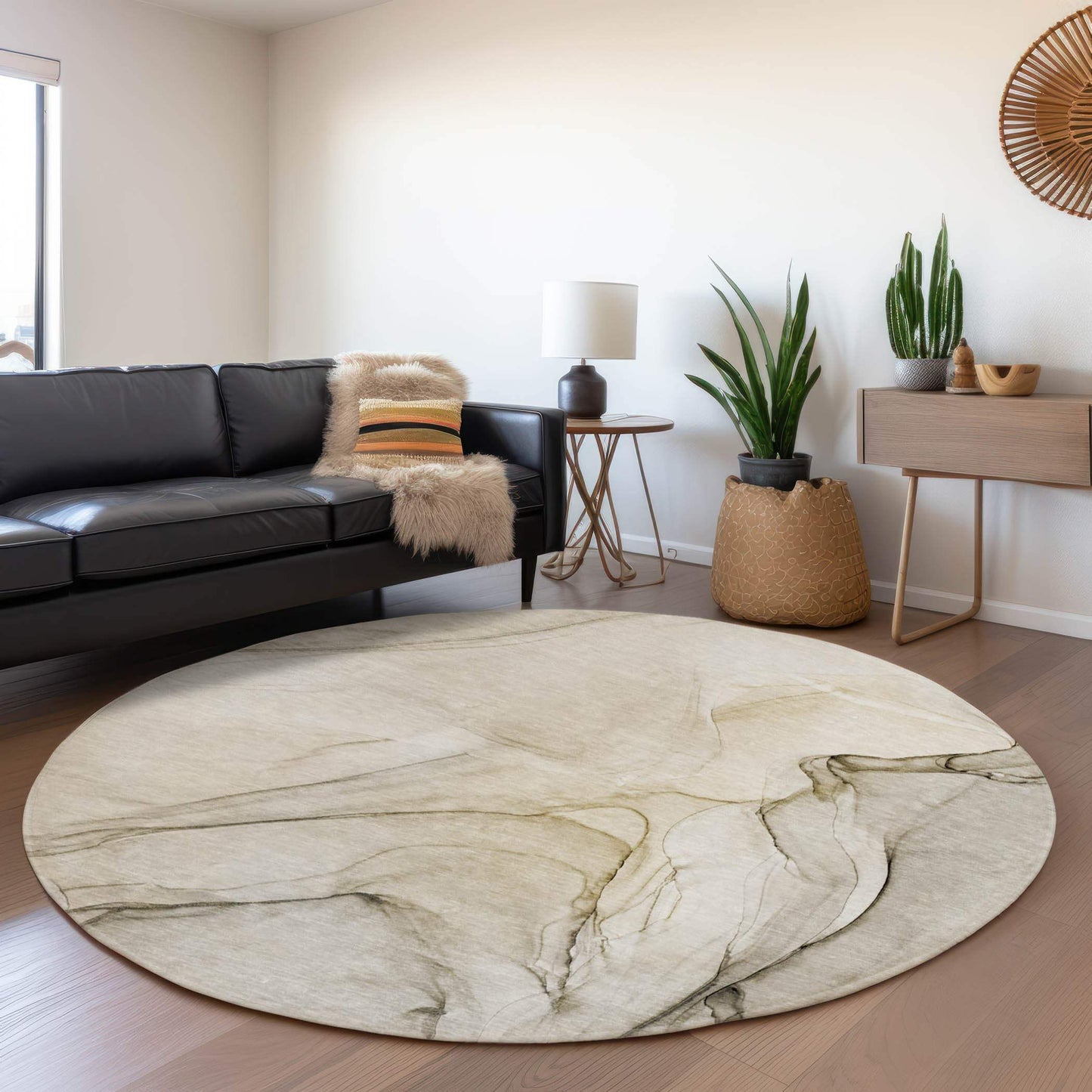 8' Beige And Ivory Abstract Washable Round Rug With UV Protection - HomeRoots - Flyclothing LLC