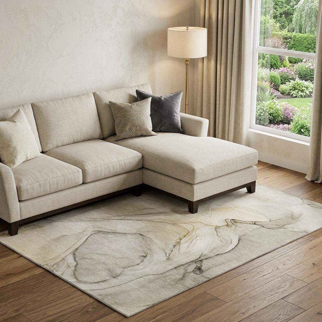 9' X 12' Beige And Ivory Abstract Washable Area Rug With UV Protection - HomeRoots - Flyclothing LLC