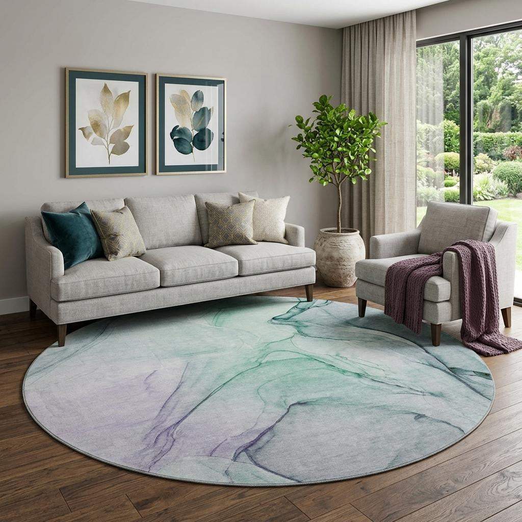 8' Blue And Green Abstract Washable Round Rug With UV Protection - HomeRoots - Flyclothing LLC