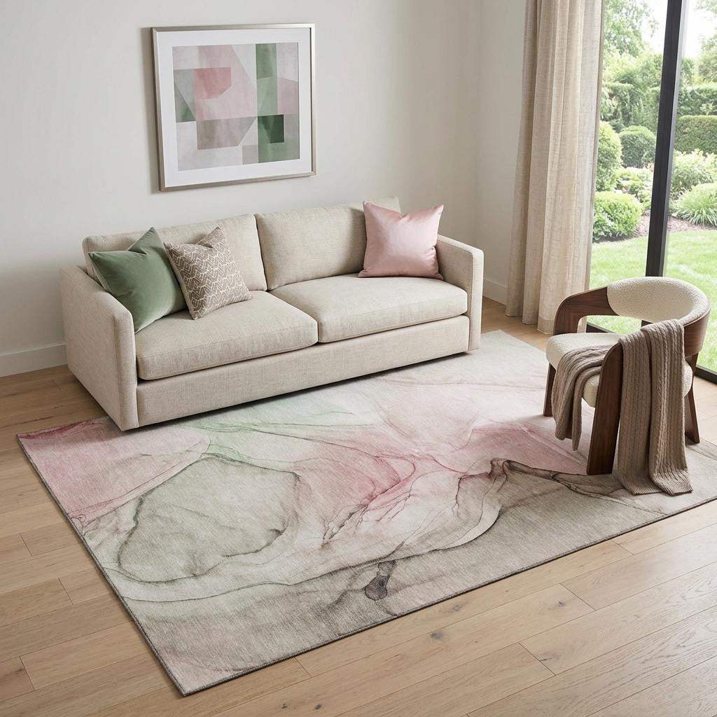 5' X 8' Blush And Ivory Abstract Washable Area Rug With UV Protection - HomeRoots - Flyclothing LLC