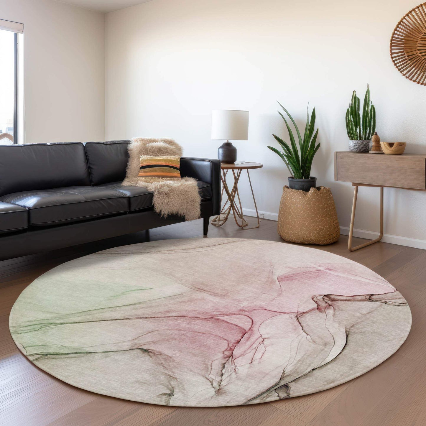 8' Blush And Ivory Abstract Washable Round Rug With UV Protection - HomeRoots - Flyclothing LLC