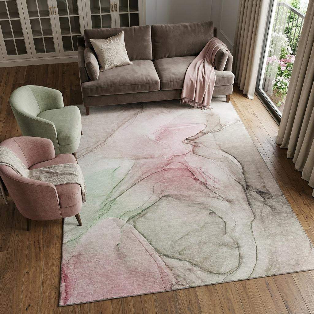 9' X 12' Blush And Ivory Abstract Washable Area Rug With UV Protection - HomeRoots - Flyclothing LLC