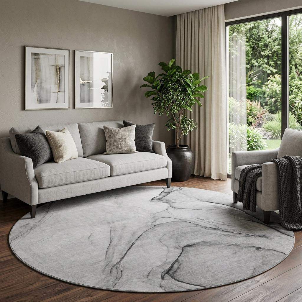 8' Gray And Charcoal Abstract Washable Round Rug With UV Protection - HomeRoots - Flyclothing LLC