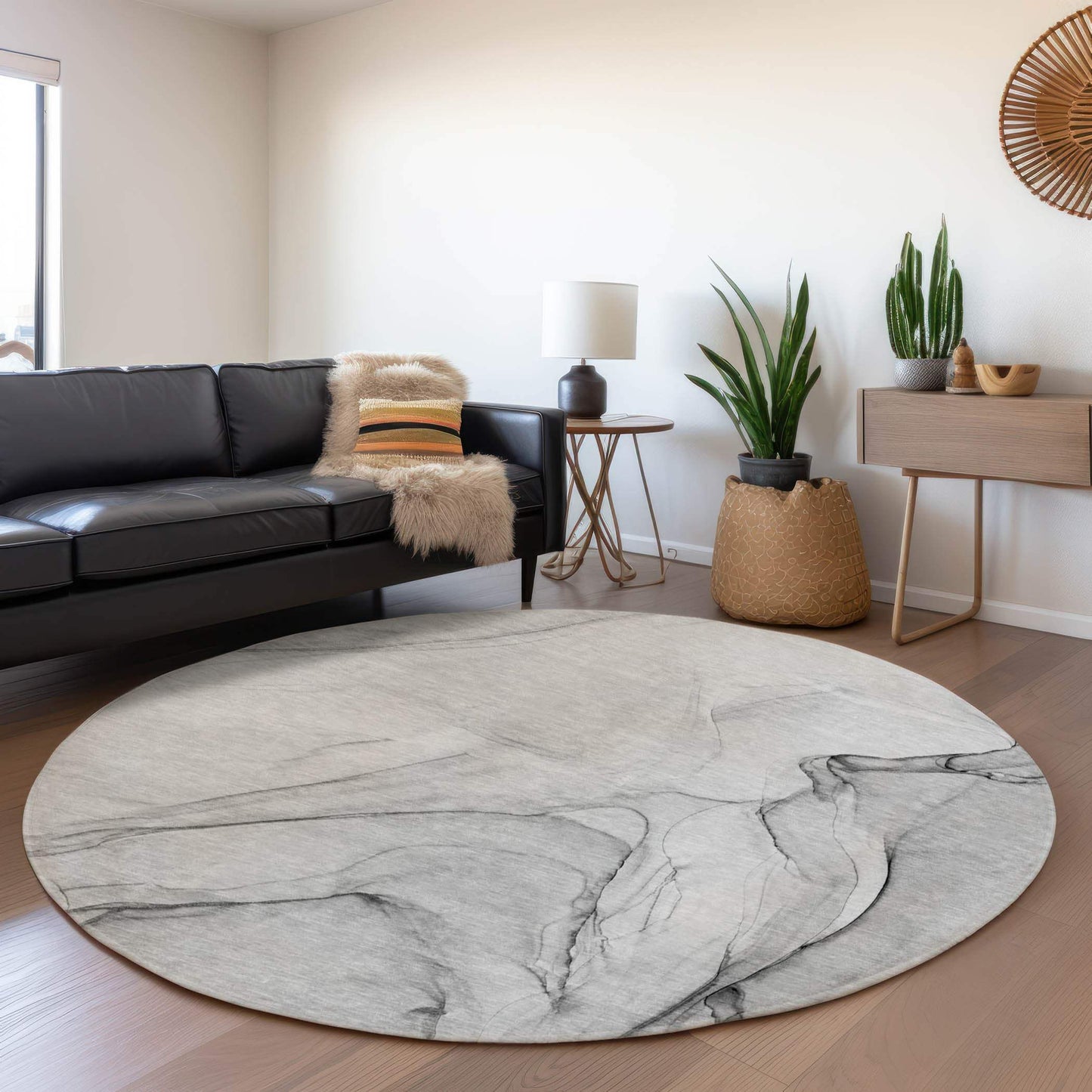 8' Gray And Charcoal Abstract Washable Round Rug With UV Protection - HomeRoots - Flyclothing LLC