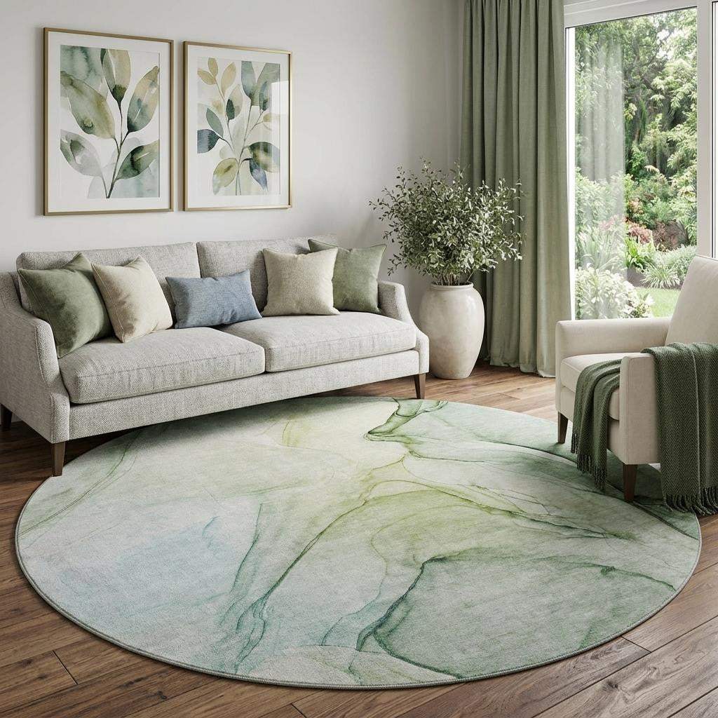 8' Green And Ivory Abstract Washable Round Rug With UV Protection - HomeRoots - Flyclothing LLC