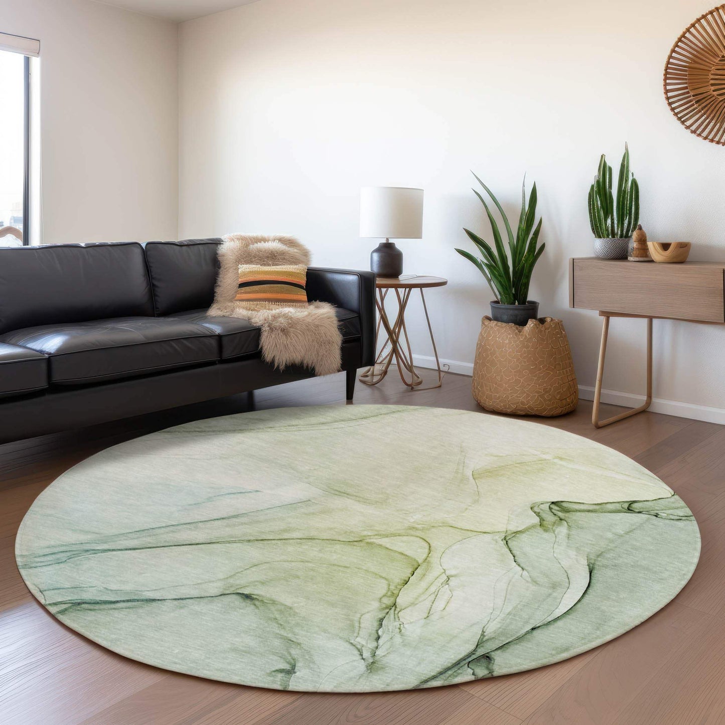 8' Green And Ivory Abstract Washable Round Rug With UV Protection - HomeRoots - Flyclothing LLC