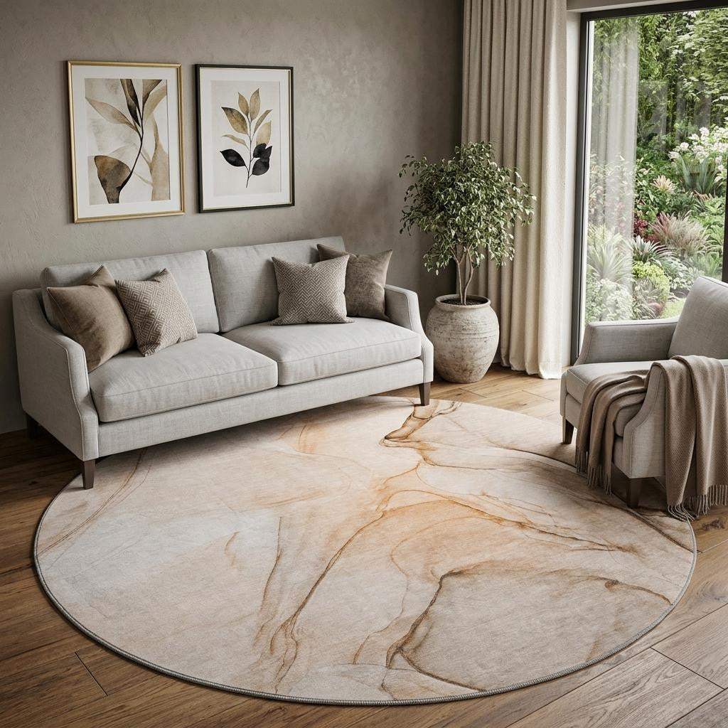 8' Orange And Ivory Abstract Washable Round Rug With UV Protection - HomeRoots - Flyclothing LLC