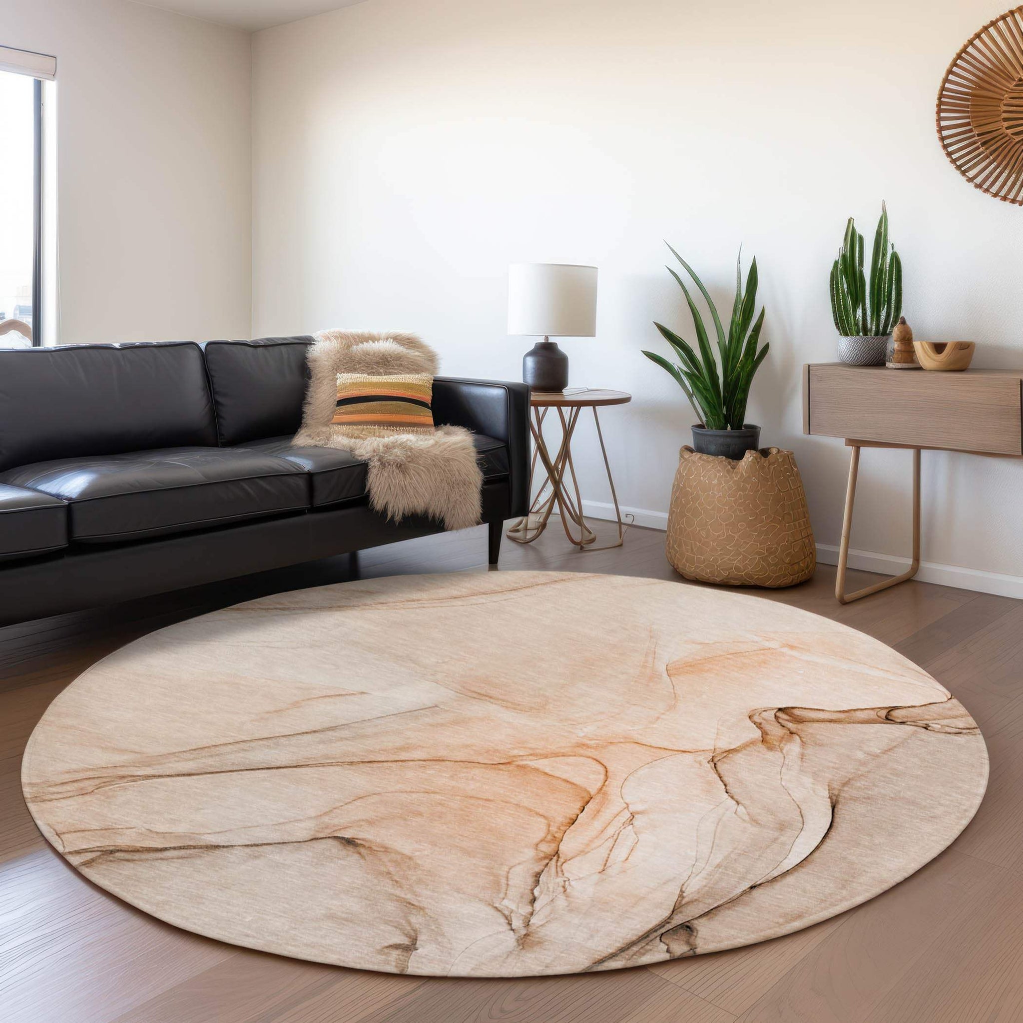 8' Orange And Ivory Abstract Washable Round Rug With UV Protection - HomeRoots - Flyclothing LLC