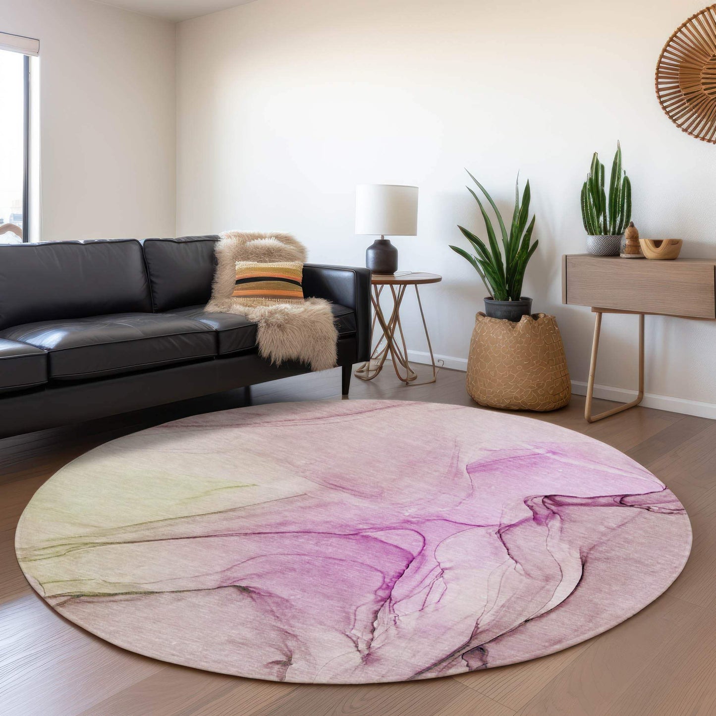 8' Pink And Ivory Abstract Washable Round Rug With UV Protection - HomeRoots - Flyclothing LLC