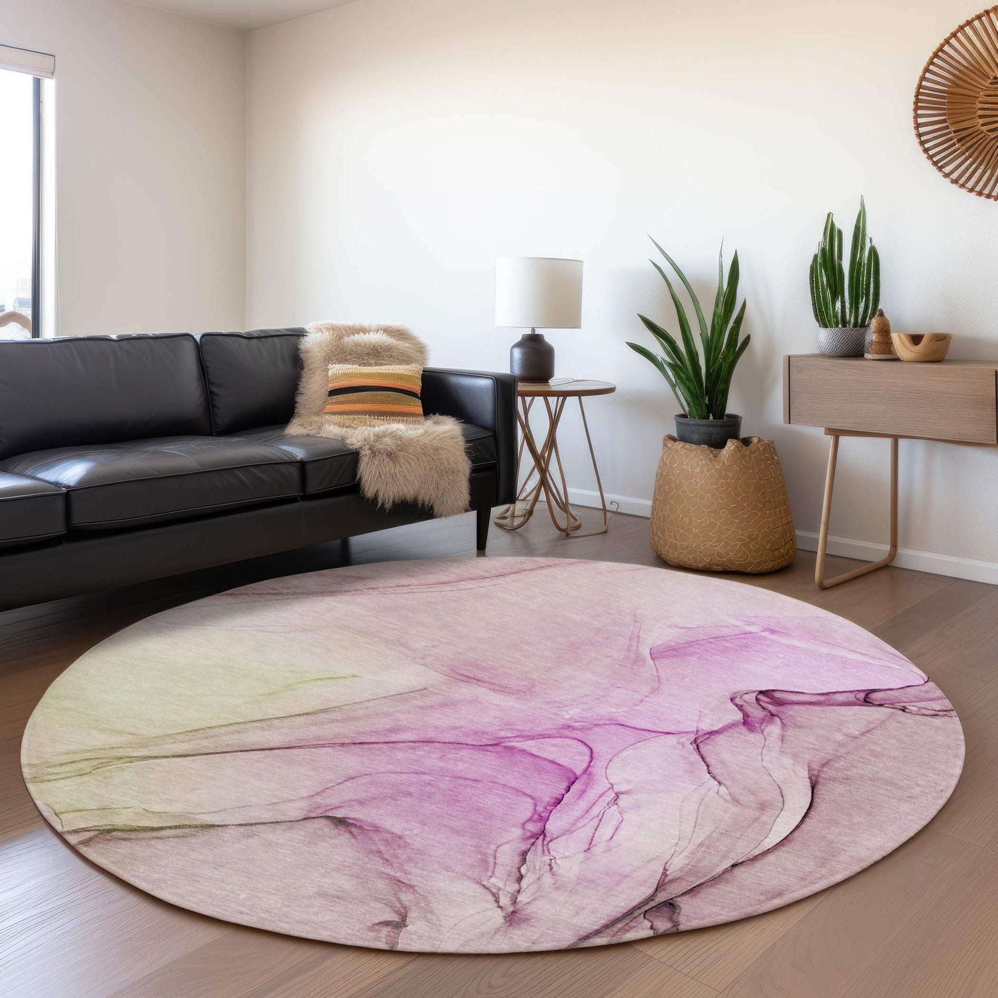 8' Pink And Ivory Abstract Washable Round Rug With UV Protection - HomeRoots - Flyclothing LLC