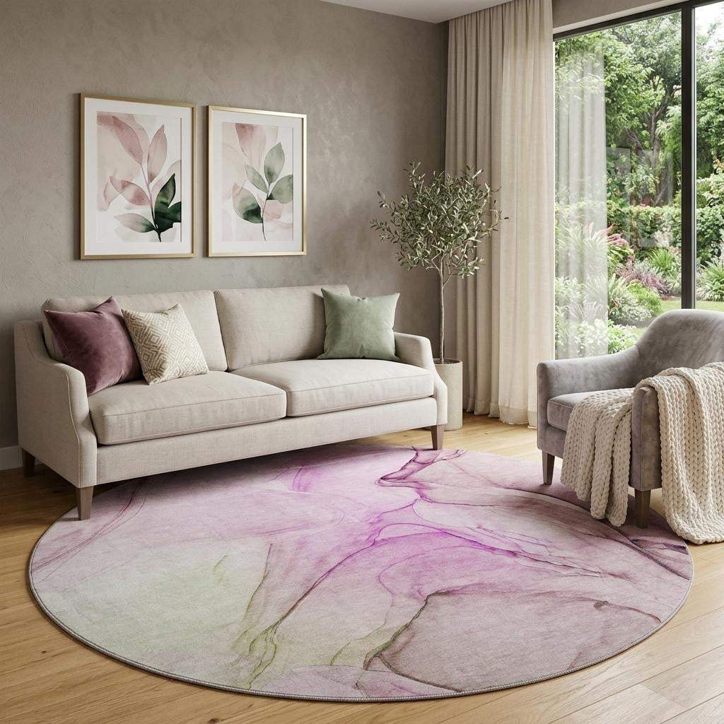 8' Pink And Ivory Abstract Washable Round Rug With UV Protection - HomeRoots - Flyclothing LLC