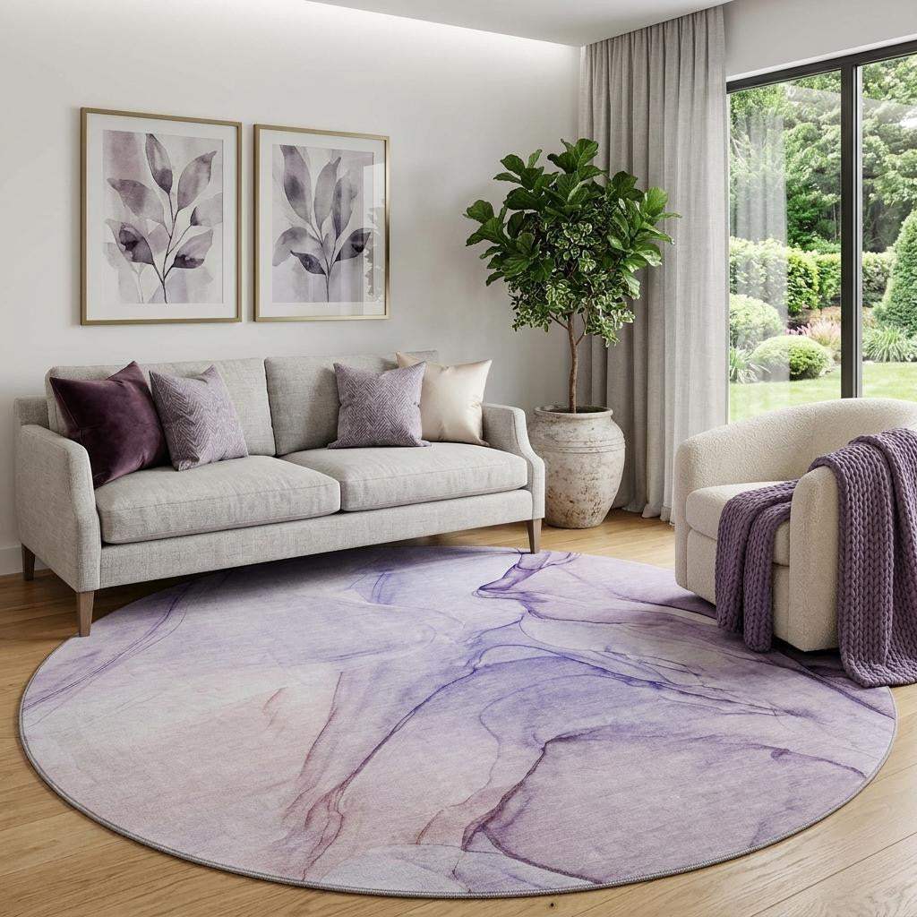 8' Purple And Ivory Abstract Washable Round Rug With UV Protection - HomeRoots - Flyclothing LLC