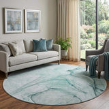 8' Teal And Ivory Abstract Washable Round Rug With UV Protection - HomeRoots - Flyclothing LLC