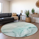 8' Teal And Ivory Abstract Washable Round Rug With UV Protection - HomeRoots - Flyclothing LLC