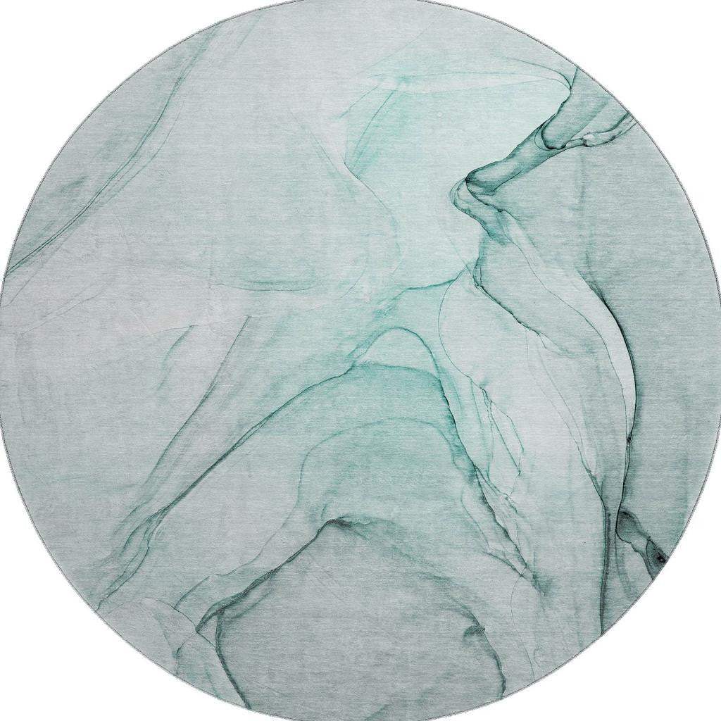 8' Teal And Ivory Abstract Washable Round Rug With UV Protection - HomeRoots - Flyclothing LLC