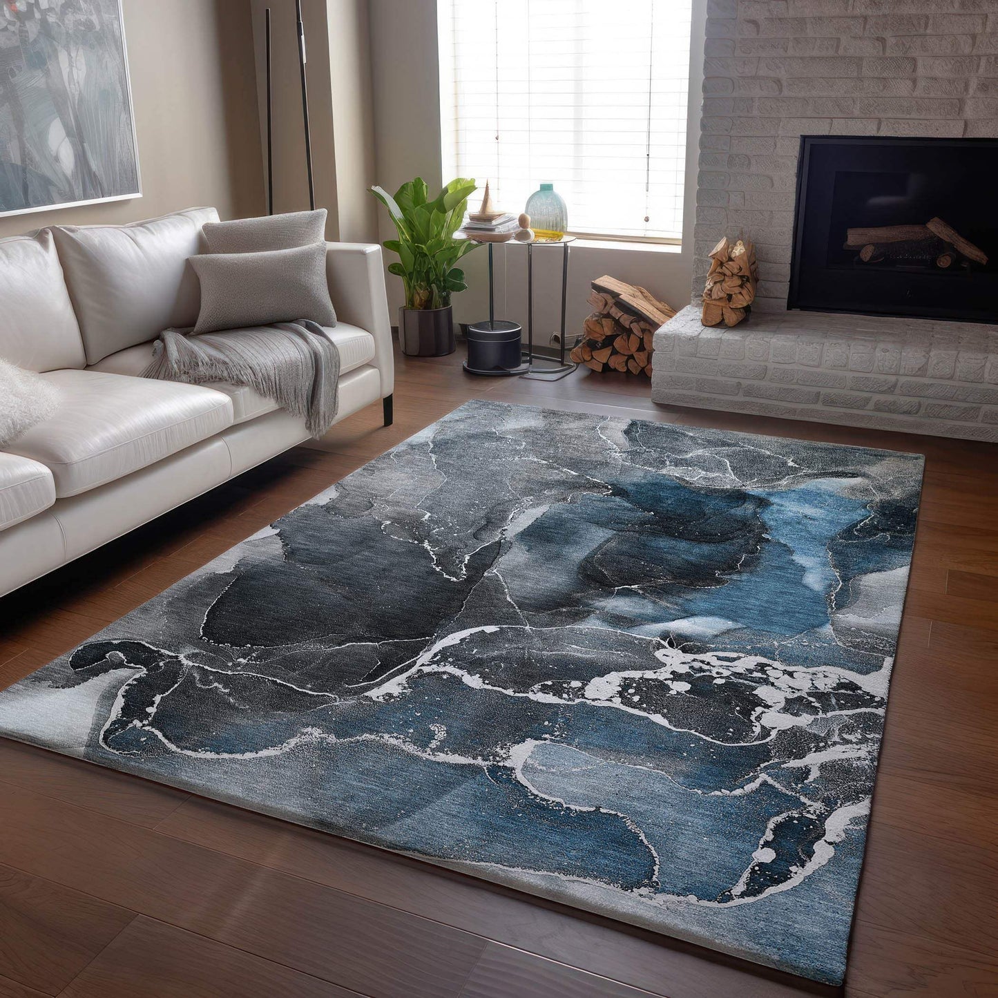 3' X 5' Blue And Charcoal Abstract Washable Area Rug With UV Protection - HomeRoots - Flyclothing LLC