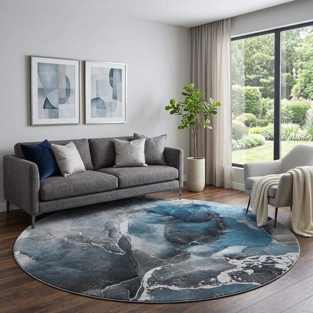 8' Blue And Charcoal Abstract Washable Round Rug With UV Protection - HomeRoots - Flyclothing LLC