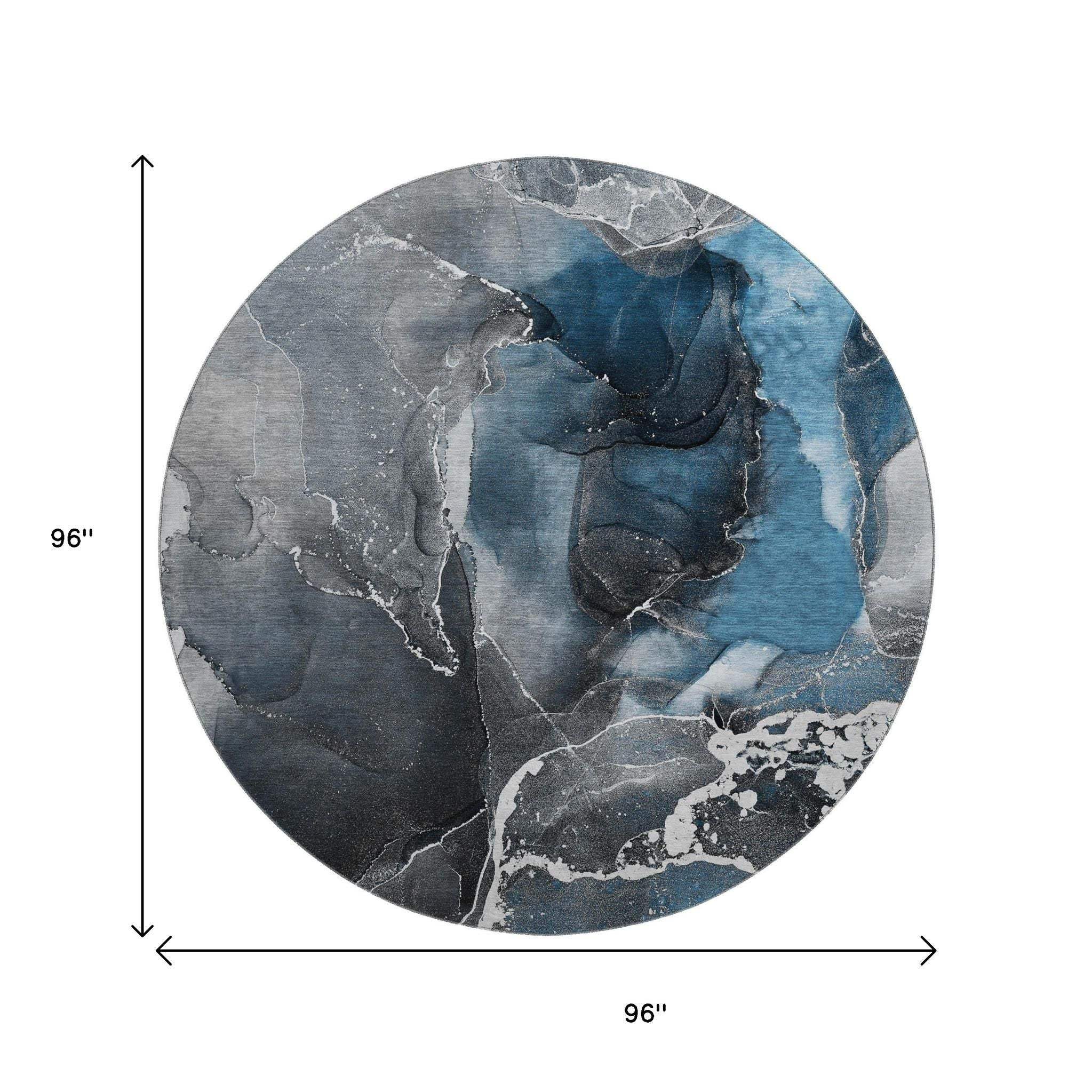 8' Blue And Charcoal Abstract Washable Round Rug With UV Protection - HomeRoots - Flyclothing LLC
