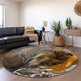 8' Brown And Ivory Abstract Washable Round Rug With UV Protection - HomeRoots - Flyclothing LLC