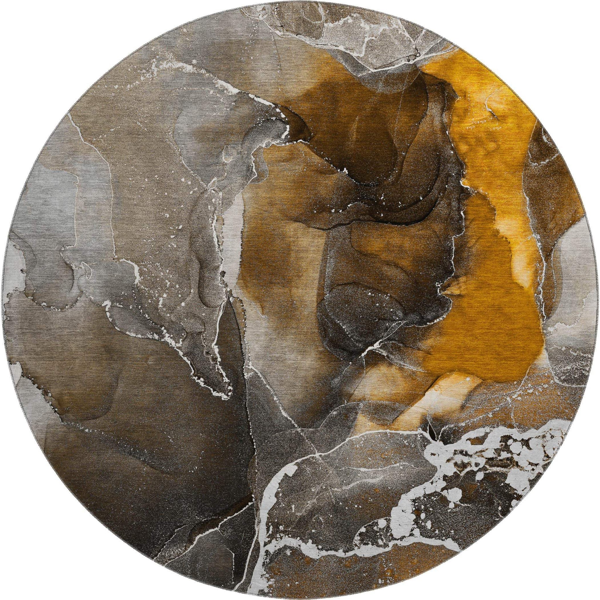 8' Brown And Ivory Abstract Washable Round Rug With UV Protection - HomeRoots - Flyclothing LLC