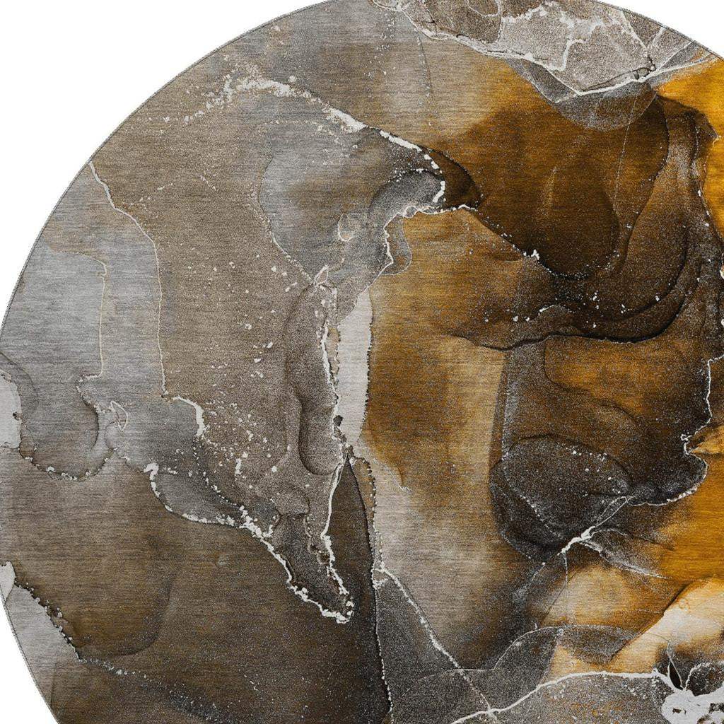 8' Brown And Ivory Abstract Washable Round Rug With UV Protection - HomeRoots - Flyclothing LLC