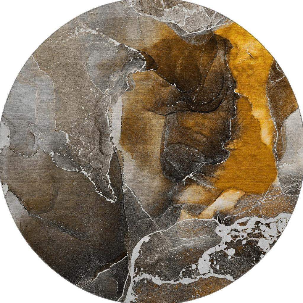 8' Brown And Ivory Abstract Washable Round Rug With UV Protection - HomeRoots - Flyclothing LLC