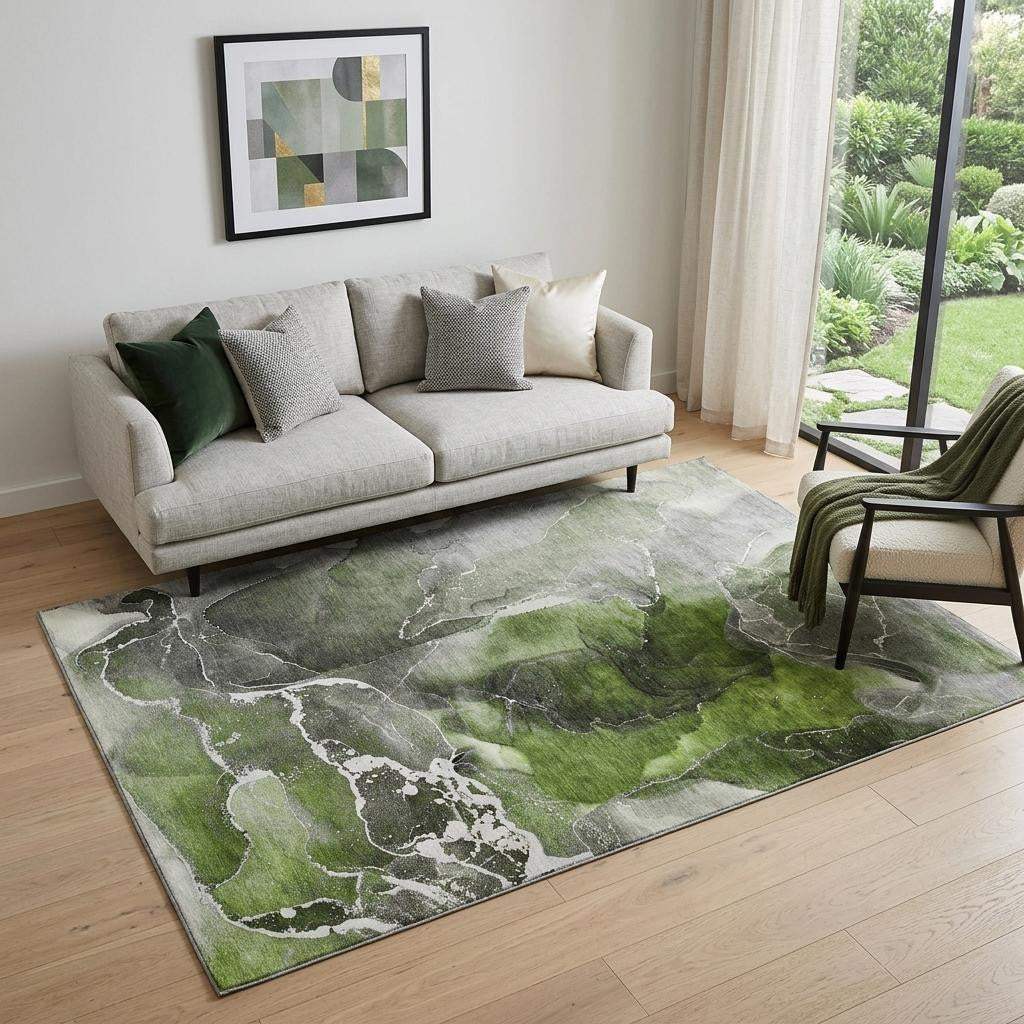 5' X 8' Green And Charcoal Abstract Washable Area Rug With UV Protection - HomeRoots - Flyclothing LLC