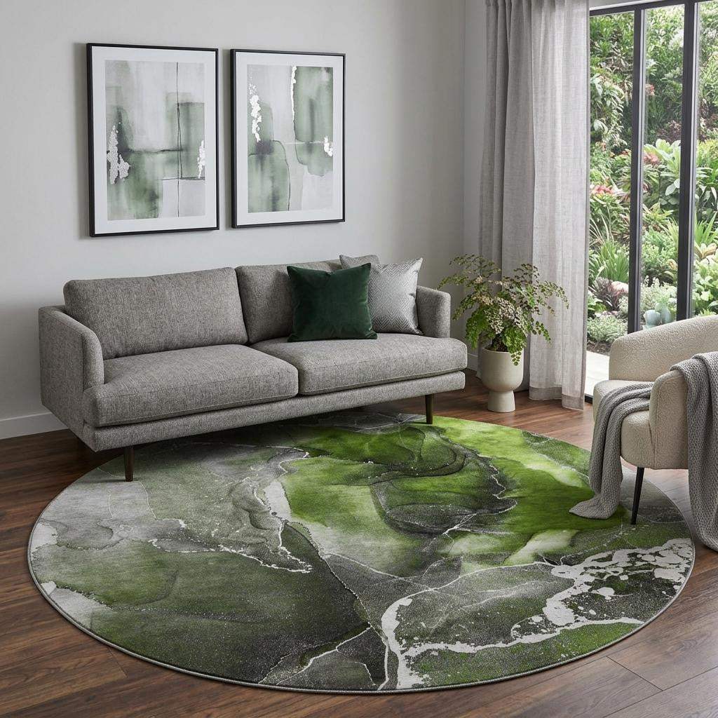 8' Green And Charcoal Abstract Washable Round Rug With UV Protection - HomeRoots - Flyclothing LLC