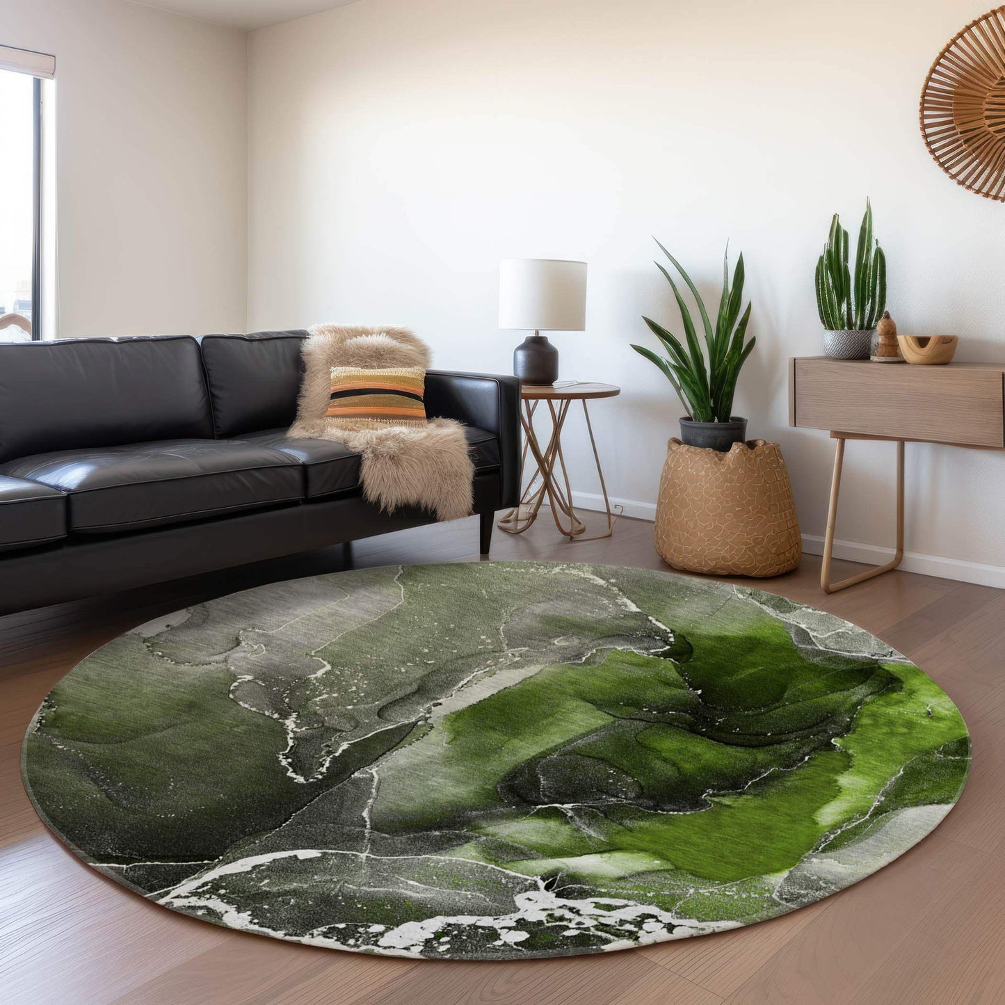 8' Green And Charcoal Abstract Washable Round Rug With UV Protection - HomeRoots - Flyclothing LLC
