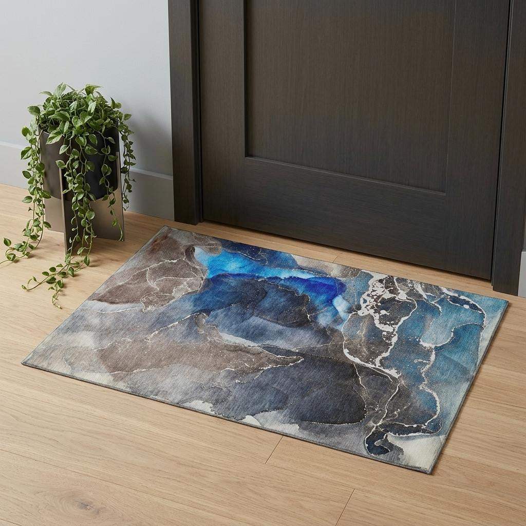 3' X 5' Navy Blue And Charcoal Abstract Washable Area Rug With UV Protection - HomeRoots - Flyclothing LLC