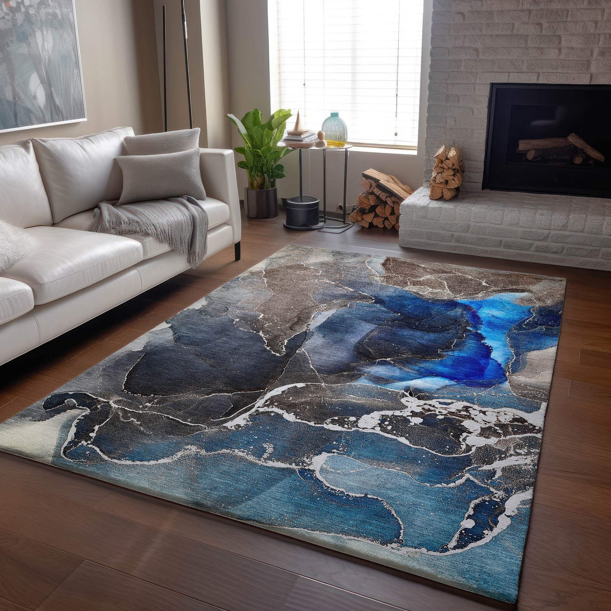 3' X 5' Navy Blue And Charcoal Abstract Washable Area Rug With UV Protection - HomeRoots - Flyclothing LLC