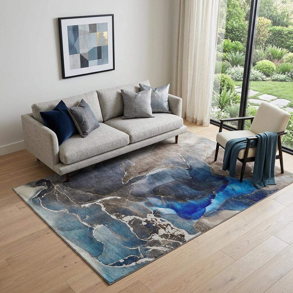 5' X 8' Navy Blue And Charcoal Abstract Washable Area Rug With UV Protection - HomeRoots - Flyclothing LLC
