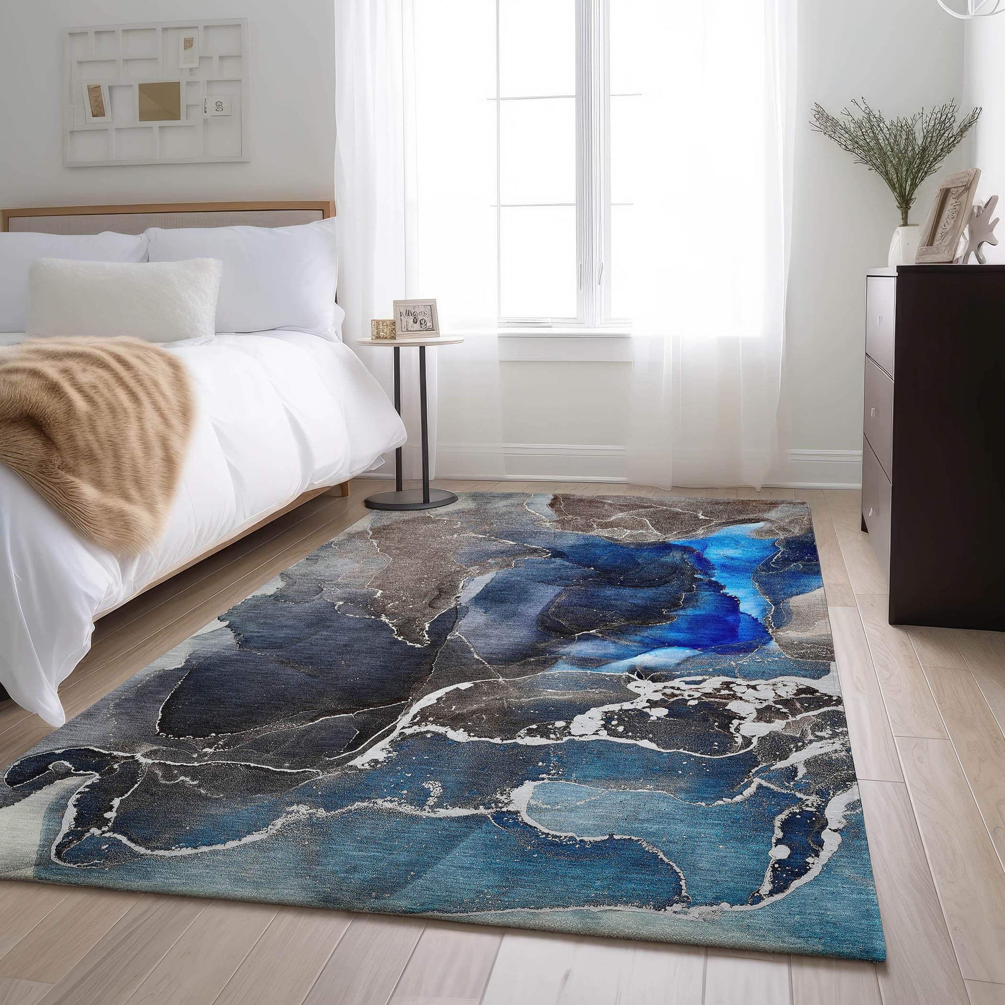 5' X 8' Navy Blue And Charcoal Abstract Washable Area Rug With UV Protection - HomeRoots - Flyclothing LLC