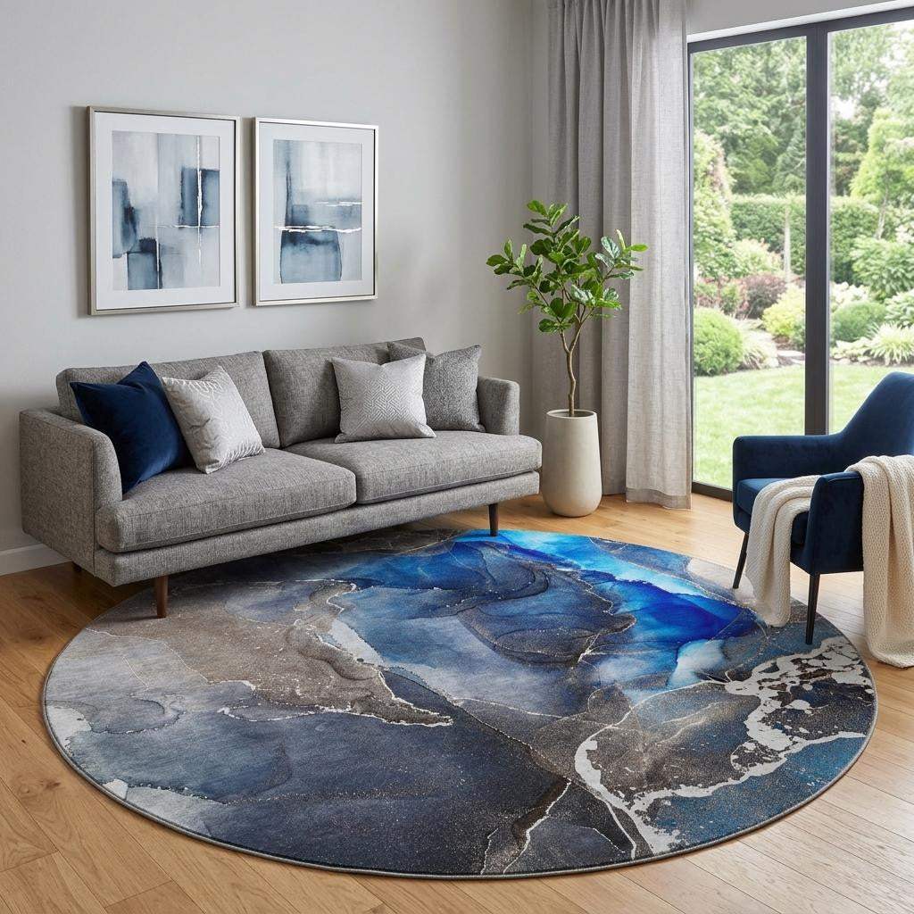 8' Navy Blue And Charcoal Abstract Washable Round Rug With UV Protection - HomeRoots - Flyclothing LLC