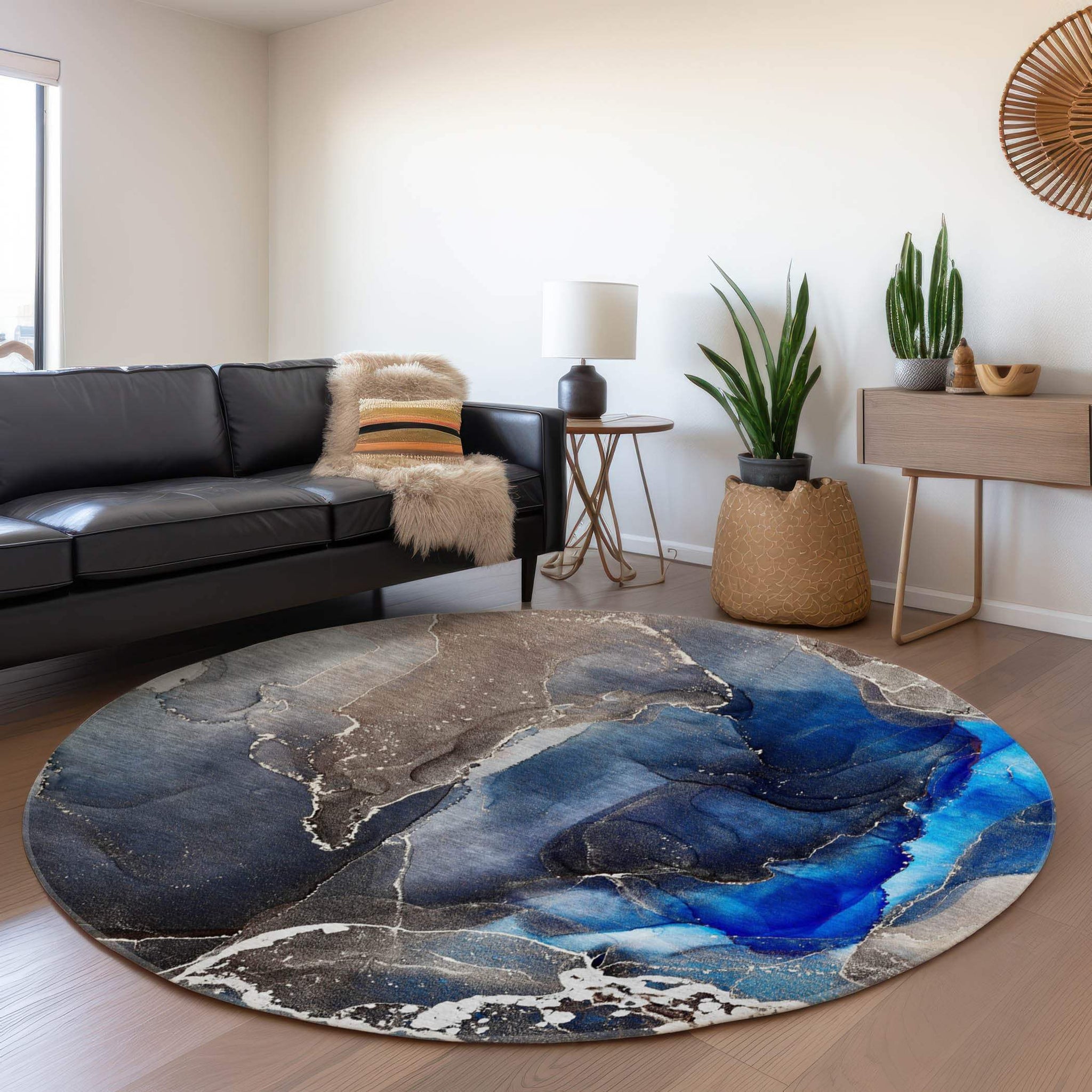8' Navy Blue And Charcoal Abstract Washable Round Rug With UV Protection - HomeRoots - Flyclothing LLC