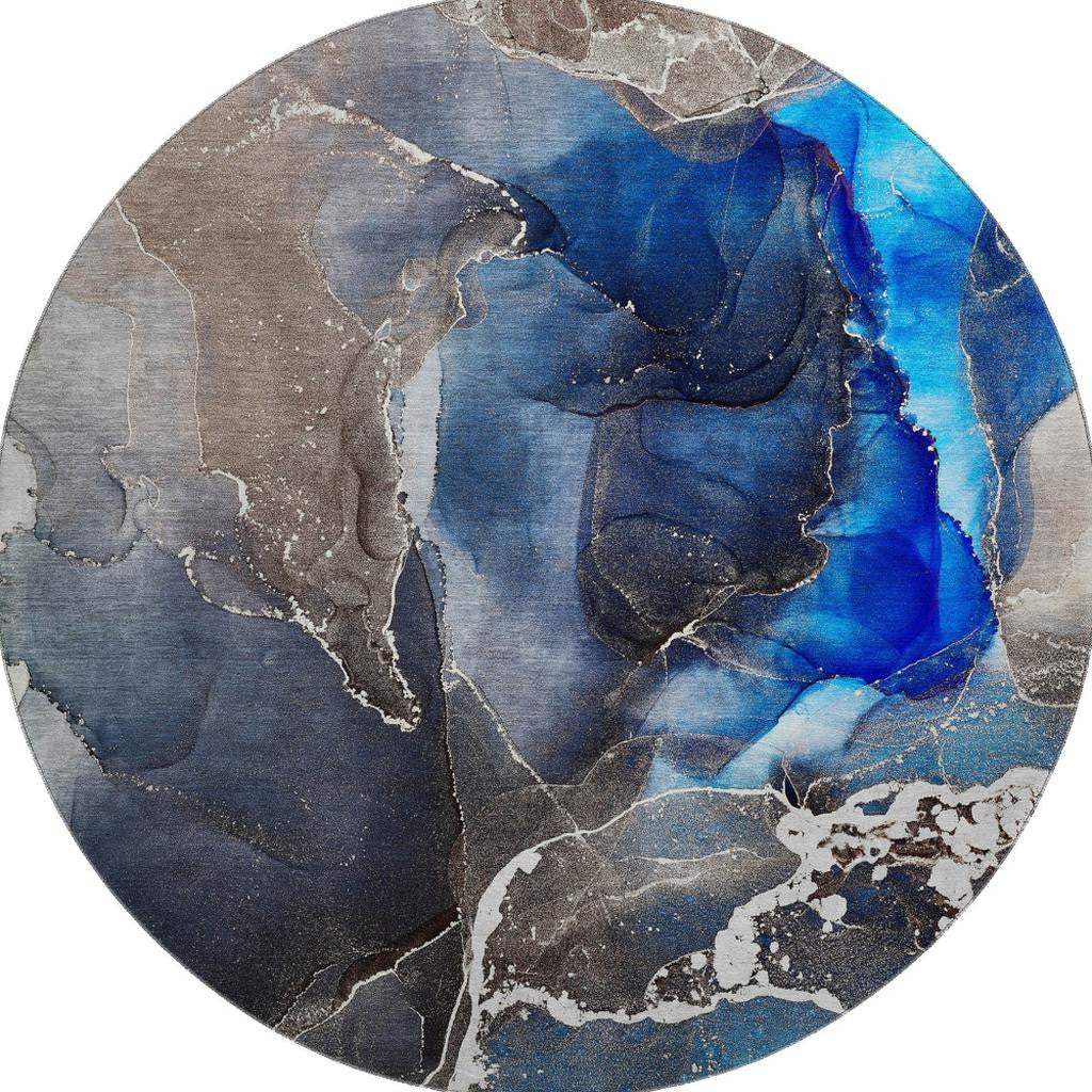 8' Navy Blue And Charcoal Abstract Washable Round Rug With UV Protection - HomeRoots - Flyclothing LLC
