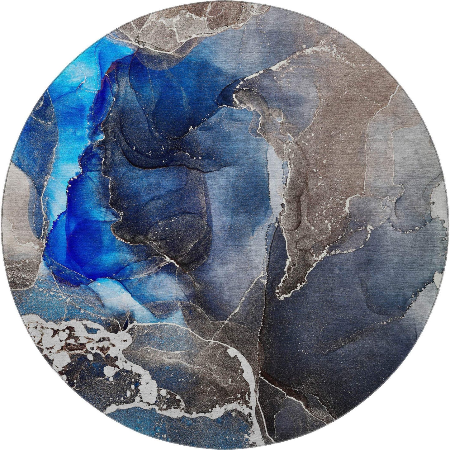 8' Navy Blue And Charcoal Abstract Washable Round Rug With UV Protection - HomeRoots - Flyclothing LLC