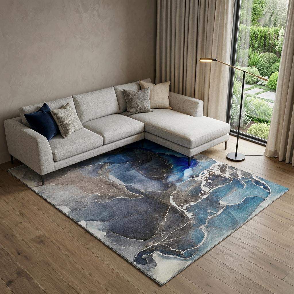 8' X 10' Navy Blue And Charcoal Abstract Washable Area Rug With UV Protection - HomeRoots - Flyclothing LLC
