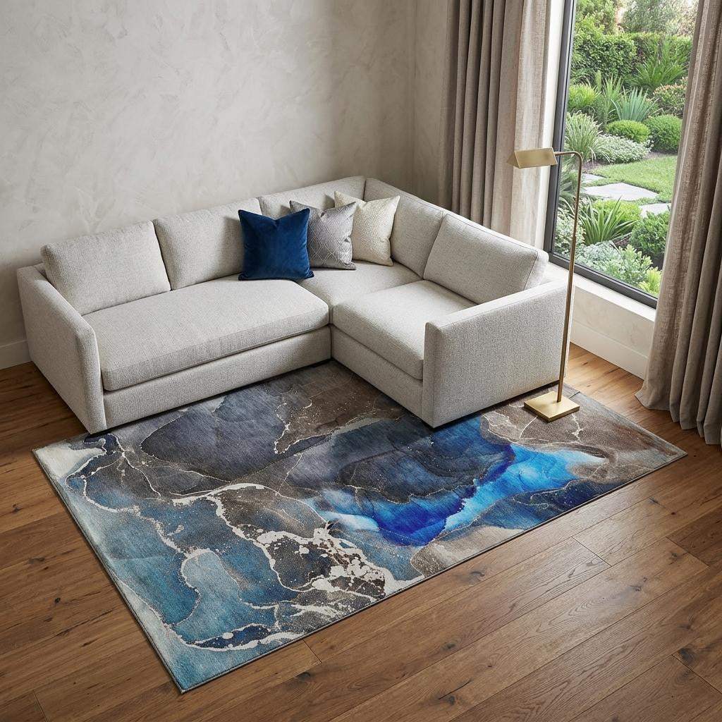 10' X 14' Navy Blue And Charcoal Abstract Washable Area Rug With UV Protection - HomeRoots - Flyclothing LLC