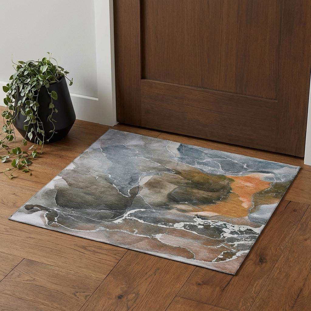3' X 5' Orange And Charcoal Abstract Washable Area Rug With UV Protection - HomeRoots - Flyclothing LLC
