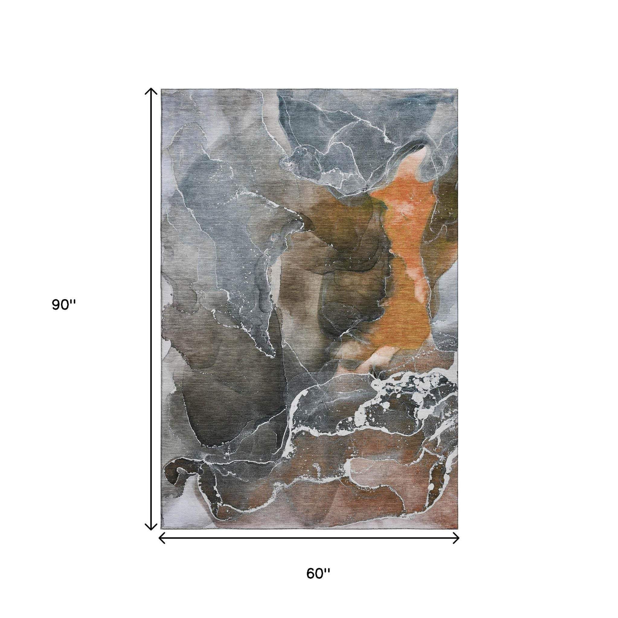 5' X 8' Orange And Charcoal Abstract Washable Area Rug With UV Protection - HomeRoots - Flyclothing LLC
