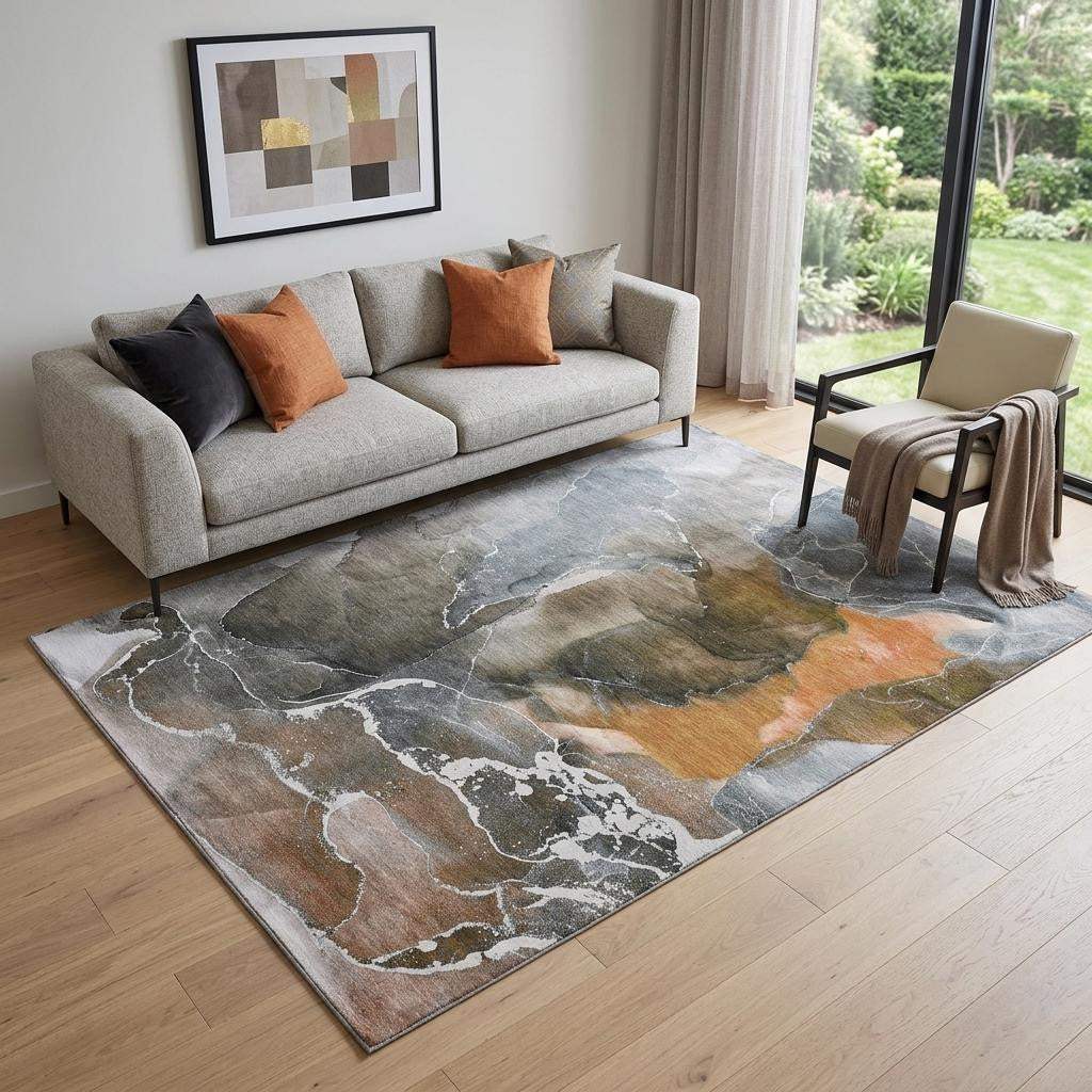5' X 8' Orange And Charcoal Abstract Washable Area Rug With UV Protection - HomeRoots - Flyclothing LLC