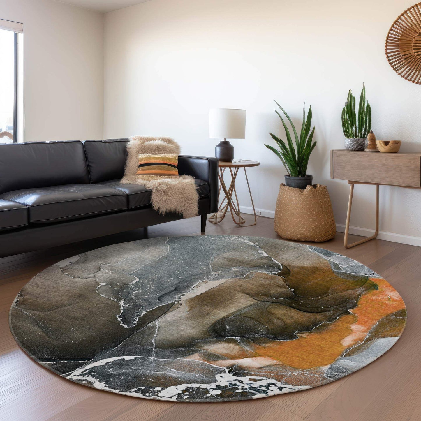 8' Orange And Charcoal Abstract Washable Round Rug With UV Protection - HomeRoots - Flyclothing LLC