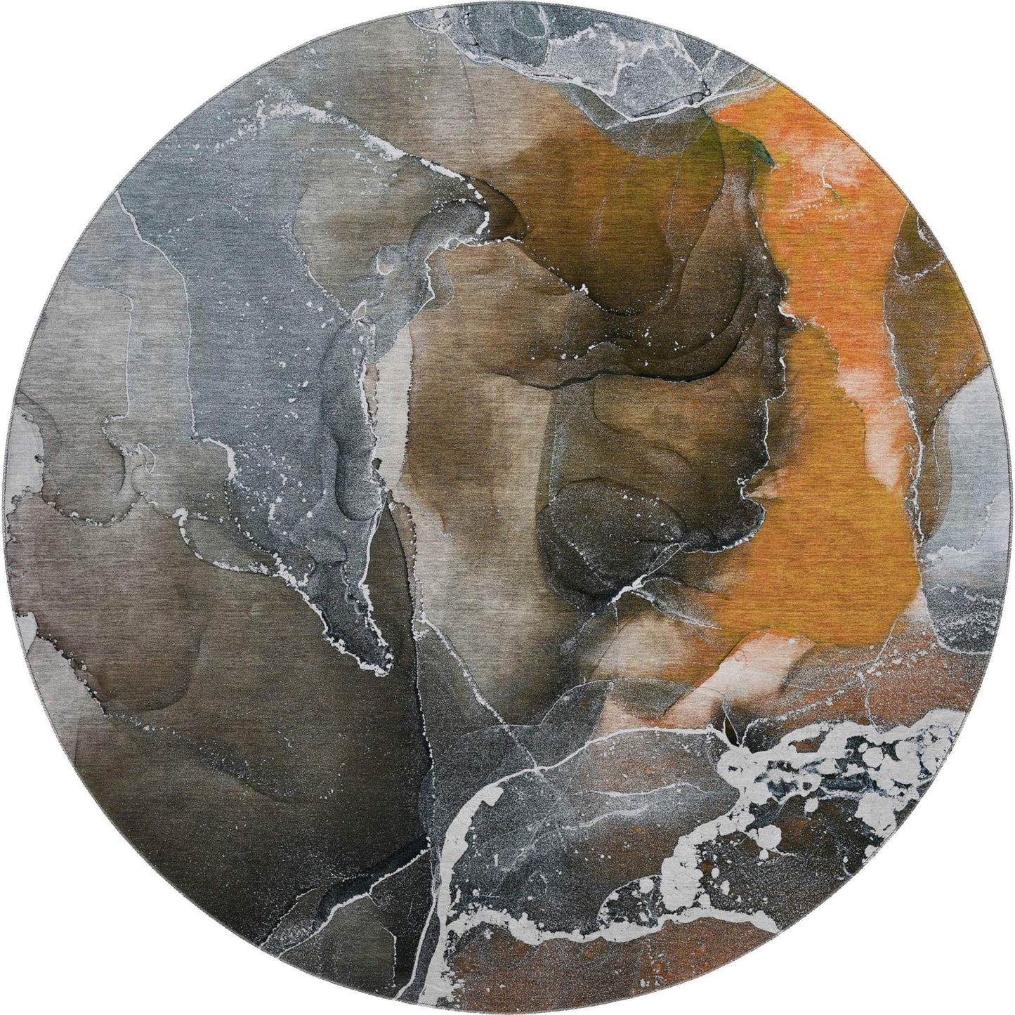 8' Orange And Charcoal Abstract Washable Round Rug With UV Protection - HomeRoots - Flyclothing LLC