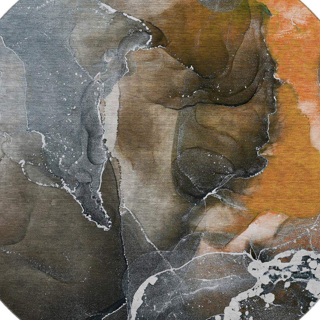 8' Orange And Charcoal Abstract Washable Round Rug With UV Protection - HomeRoots - Flyclothing LLC