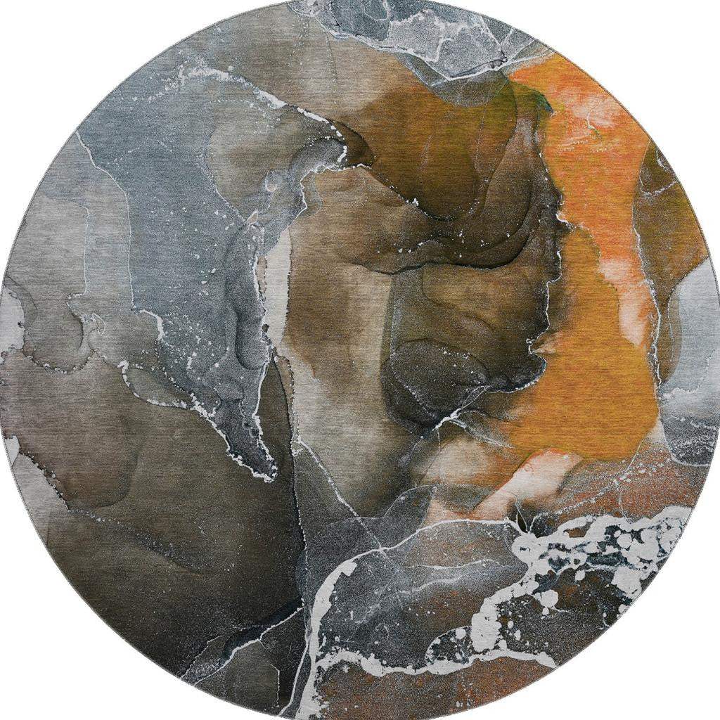 8' Orange And Charcoal Abstract Washable Round Rug With UV Protection - HomeRoots - Flyclothing LLC